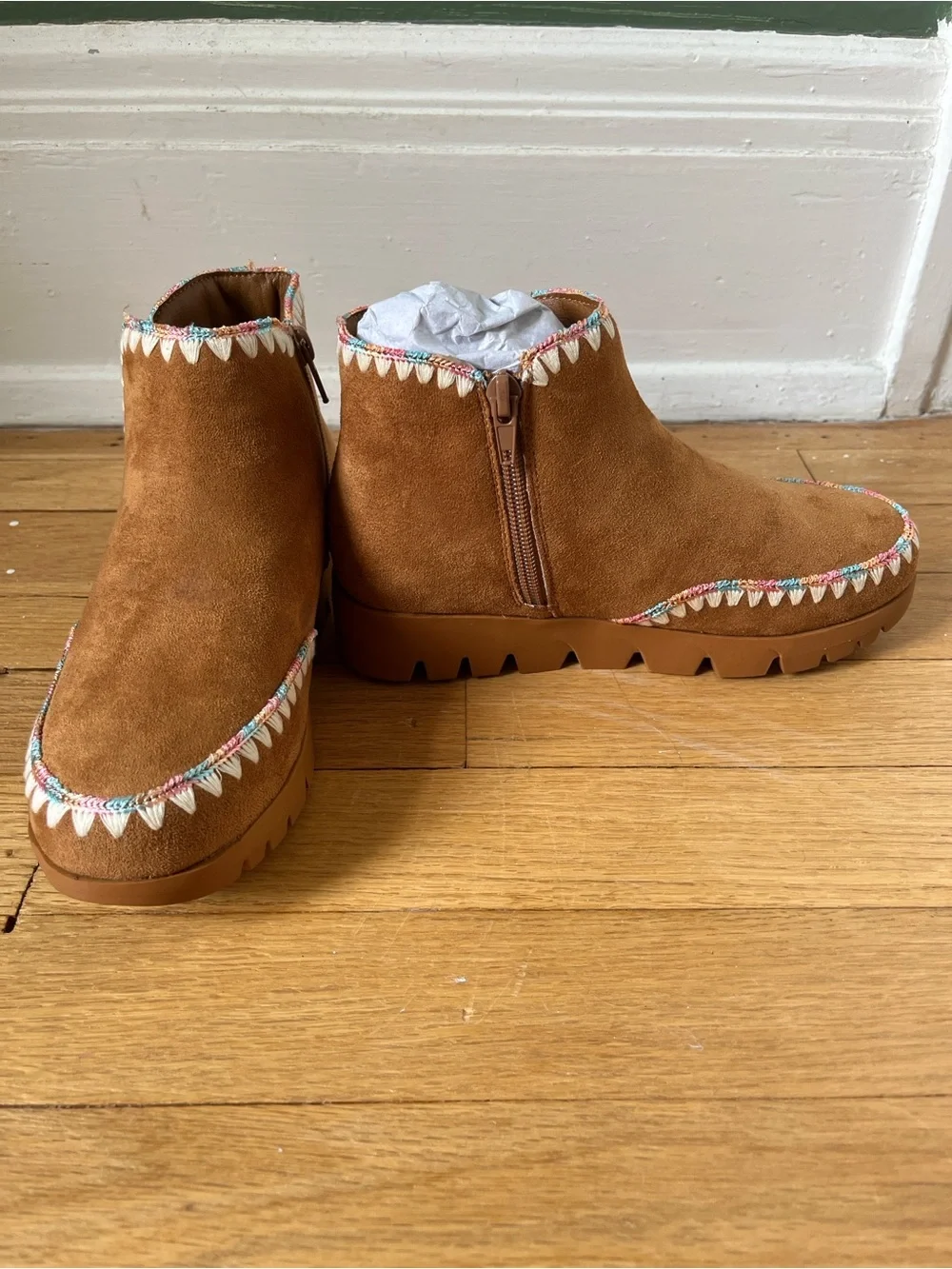 MIA Kids Tan Suede Ankle Boots with Colorful Trim